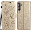 Miniatyrbillede 1 af 5: Til Samsung Galaxy S25+/ S24+ Wallet Case Rose Mønster Præget Læder Flip Stand Telefon Cover Multicolor Gold