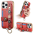 Miniatyrbillede 1 af 5: W2 Til iPhone 16 Pro Max Cover med Kortholder Læder Bagside 3D Blomster Armbånd - Grøn Multicolor Red