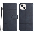 Miniatyrbillede 1 af 5: Læder Wallet Case til iPhone 15, Linje Præget Ko Læder Tekstur Stand Telefon Cover Blue