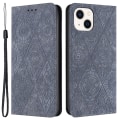 Miniatyrbilde 1 av 5: Lommebokdeksel til iPhone 15 Plus Sammenleggbart Stativ PU Lær Retro Blomsterpreget Telefondeksel Grey