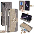 Miniatyrbillede 1 af 5: PU læder telefoncover med pung, makeupspejl og skulderrem til iPhone XR - Grøn Multicolor Grey