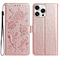 Miniatyrbillede 1 af 5: For iPhone 16 Pro Max Wallet Case Rose Mønster Præget Læder Flip Stand Telefon Cover Multicolor Rose Gold
