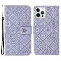 Miniatyrbillede 1 af 5: Læder Wallet Case til iPhone 15 Pro, Præget Blomster Folio Flip Stand Telefon Cover Purple
