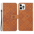 Miniatyrbillede 1 af 5: Læder Wallet Case til iPhone 15 Pro, Præget Blomster Folio Flip Stand Telefon Cover Brown