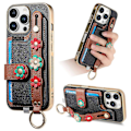 Pikkukuva 1 / 5: W2 iPhone 16 Pro -kotelo korttipidikkeellä, nahkainen takakansi, 3D-kukka rannekoru - Vihreä Multicolor Black