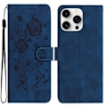 Miniatyrbillede 1 af 5: For iPhone 16 Pro Wallet Case Rose Mønster Præget Læder Flip Stand Telefon Cover Multicolor Dark Blue