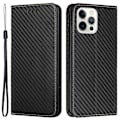 Miniatyrbillede 1 af 5: Til iPhone 15 Pro Max Kulfibertekstur PU Læder+TPU Wallet Case Foldbart Stativ Telefon Cover Multicolor Style A