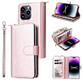 Miniatyrbillede 1 af 5: Til iPhone 15 Pro Max Telefon Stand Case Shell Lynlåslomme TPU+PU Læder Kort Slots Pung Multicolor Rose Gold