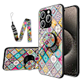 Pikkukuva 1 / 5: iPhone 16 Pro -kotelo, jalusta, etninen kuvio, karkaistu lasinen puhelinkuori hihnalla Multicolor Checkered Pattern