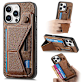Miniatyrbillede 1 af 5: Retro læder bagcover med kortslot og sidefodstøtte til iPhone 16 Pro Max - Grøn Multicolor Brown