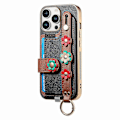 Pikkukuva 2 / 5: W2 iPhone 16 Pro -kotelo korttipidikkeellä, nahkainen takakansi, 3D-kukka rannekoru - Vihreä Multicolor Black