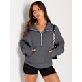 Miniatyrbillede 3 af 5: Dame Sweatshirts Halv Lynlås Cropped Pullover Fleece Kvart Lynlås Hættetrøjer Efterårsoutfits Tøj Tommelfingerhul Darkdrey X-Small
