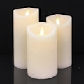 Miniatyrbild 8 av 11: LED blockljus - rustikt - 3 st. - 10/12,5/15 cm - med 3D-låga - (flera färger) Svart