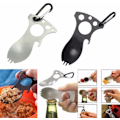 Miniatyrbillede 4 af 5: 2 stk. Multifunktionel udendørs camping gaffel ske sekskant flaskeåbner karabinhage camping picnic bestik gaffel ske