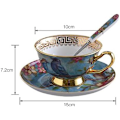 Miniatyrbillede 2 af 5: Tech Euro Style Kop& Underkop Sæt, Bone China Tekop Kaffe Kop til Morgenmad Hjem Køkken- Fugle og Træer Mønstre (Blå)