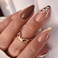 Miniatyrbilde 1 av 6: Brune Press on Nails Almond, Franske falske negler Medium Length Fake Nails med blad design, Glossy Full Cover Glue on Nails Kunstig Oval Stick