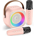 Miniatyrbilde 1 av 5: Karaokemaskin for barn og voksne, Mini bærbar Bluetooth-karaokespeaker med 2 trådløse mikrofoner og lys Pink 2 mic