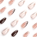 Miniatyrbilde 4 av 6: Brune Press on Nails Almond, Franske falske negler Medium Length Fake Nails med blad design, Glossy Full Cover Glue on Nails Kunstig Oval Stick
