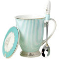 Miniatyrbillede 1 af 5: Tech Euro Style Porcelæn Te Kop Kaffe Krus med Låg til Morgenmad Hjem Køkken ((Stribet Mønster) (Cyan)) C