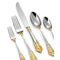 Pikkukuva 2 / 5: Elegantti ruokailuvälinesarja, 5-osainen ruokailuvälinesarja, kiillotettua 18/10 ruostumatonta terästä, kiiltävä, hieno hopeinen ruokailuvälinesarja, kullatuilla koristeilla