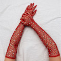Miniatyrbillede 1 af 5: Sort Hvid Rød Lange Mesh Handsker Med Rhinestones Hollow Fishin Red