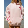 Miniatyrbilde 3 av 5: Oversized Rød Palm Puff Hoodie med Langermet Bokstavtrykk for Kvinner - Casual, Snøring, Preppy, Grafisk Hoodie for Tenåringsjenter Rosa Rosa Pink L