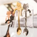 Miniatyrbillede 5 af 5: 4 stk. kattekaffeskeer, minikatteskeer 4 farver rustfrit stål små skeer til dessert kaffe te drikke blanding