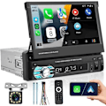 Miniatyrbilde 1 av 4: Carplay Bluetooth bilradio 1 Din GPS 7' Uttrekkbar berøringsskjerm FM-radio Handsfree AUX-USB-TF Speilkobling+Fjernkontroll+Kamera