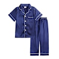 Miniatyrbild 1 av 2: Barn Småbarn Baby Flicka Pojke Satin Pyjamas Set Lång Kort Ärm Knäppning Pyjamasskjorta Topp+byxor Underdelar Sovkläder Outfits Style B Blå-XF10- Style B Blue 9-12 Months