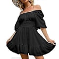Miniatyrbilde 1 av 5: Svart Off-Shoulder Mini Kjole - Stilig Halv Lanternerme Knyting i Ryggen Volang Sommerantrekk, M