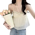 Miniatyrbilde 1 av 5: Stropptopp Rynket Løs Kant Knyte Halter Neck Ren Farge Dobbelt Lag Dame Ermeløs Bluse for Sommer Aprikos One Size