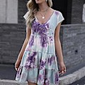 Miniatyrbillede 5 af 5: Dybt V-hals Tie Dye Print Kjole Dame Elegant Afslappet Gradient Løs Kant Kortærmet Lagdelt Kjole Lilla XL