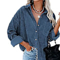 Miniatyrbilde 1 av 5: Kordfløyel Skjorte med Knapper Lange Ermer Jakkeslag Kordfløyel Jakke Løs Casual Oversized Bluser Jakke for Vår Høst Blå S