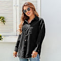 Miniatyrbilde 3 av 5: Dame Cordfløyel Skjorte Løs Casual Elegant Ren Farge Langermet Knapp Bluse Topper med Lomme Svart M