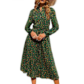 Miniatyrbillede 1 af 5: Kjole Leopard Stand Collar Blomsterprint Lang Lanterneærme Medium Længde Kjole til Dame Grøn XL