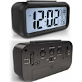 Miniatyrbillede 2 af 5: Sort digitalt trådløst batteridrevet vækkeur med dato, temperatur, smart lyssensor, 12/24 timer, SChristmasze til soveværelser, kontorer