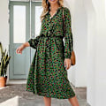 Miniatyrbillede 3 af 5: Kjole Leopard Stand Collar Blomsterprint Lang Lanterneærme Medium Længde Kjole til Dame Grøn XL