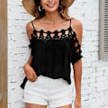 Miniatyrbilde 3 av 5: Dame Cold Shoulder Topp Elegant Ren Farge Blonde Cold Shoulder Dame Kort Erme for Daglig Bruk Svart M