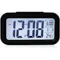Miniatyrbillede 1 af 5: Sort digitalt trådløst batteridrevet vækkeur med dato, temperatur, smart lyssensor, 12/24 timer, SChristmasze til soveværelser, kontorer