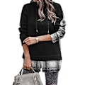 Miniatyrbillede 1 af 5: Dame Patchwork Hættetrøje Polyesterfiber Langærmet Åben Kant Pullover Plaid Patchwork Hættetrøjer til Daglig Brug Sort M