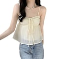 Miniatyrbilde 2 av 5: Stropptopp Rynket Løs Kant Knyte Halter Neck Ren Farge Dobbelt Lag Dame Ermeløs Bluse for Sommer Aprikos One Size