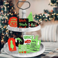 Miniatyrbillede 2 af 5: 9 stykker Grinch bakkeindretning sæt bondehus Grinch træskilt indretning grøn juletræ Grinch træskilte indretning etagere bakke, sjov jul