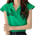 Miniatyrbillede 2 af 5: Dame Bogstav Print Korte Ærmer Top Studenter Sommer Løs Afslappet Nedadvendt Krave Strik T-shirt Bluse Grøn Fri Størrelse til 35-60 kg