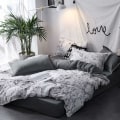 Miniatyrbilde 3 av 5: Hvit Marmor Look 3-delt Sengetøysett Charcoal Grå Marmor Mønster Charcoal Grå Dynetrekk Dobbeltseng med Glidelås Trykt Begge Sider for M