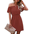 Miniatyrbillede 1 af 5: Off Shoulder Kjole Ensfarvet Afslappet Spaghetti Strop Dame Mini Kjole Komfortabel til Sommer Rustrød XL