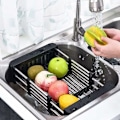 Miniatyrbillede 4 af 5: Afløbsbakke, Vaskebakkeafløb, Teleskopisk Rustfrit Stål Afløbskurv, Bruges til Opvask i Køkkenvasken, Dræning af Frugt og Grøntsager (Sort,