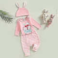 Miniatyrbild 2 av 5: Nyfödd Baby Pojkar Flickor Min 1:a Första Påsk Kläder Set Outfit Långärmad Kanin Romper Topp Randiga Långbyxor 3D Kanin Öron Hatt Baby Påsk Present SHZN