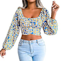 Miniatyrbilde 1 av 5: Dame Blomstermønstret Firkantet Hals Lantern Langermet Rygg Knyting Sløyfe Crop Top Bluse Hvit XL