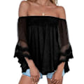 Miniatyrbilde 1 av 5: Dame Off Shoulder Topp 3/4 Bell Ermer Løs Passform Elastisk Halslinje Fôr Inni Sommer Bluse Svart XL