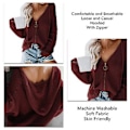 Miniatyrbillede 5 af 5: Dame Hætte Cardigan Sweater Løs Afslappet Blødt Hudvenligt Stof Maskinvaskbar Lynlås Hættetrøje Top Vinrød M